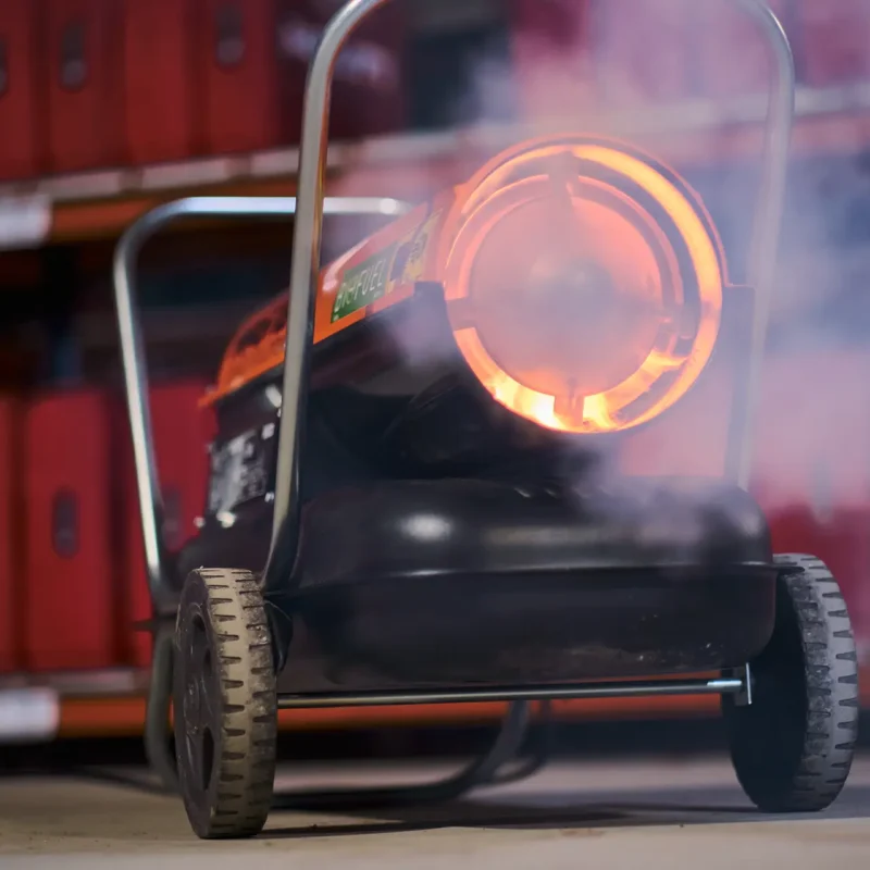 Generatore di aria calda a gasolio in funzione per riscaldamento temporaneo di magazzini, Airtech.