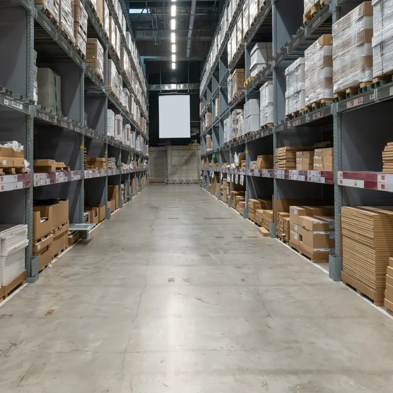 Corsia di un magazzino industriale con scaffalature alte, ideale per l’uso di generatori a gasolio indiretti per il riscaldamento dei capannoni