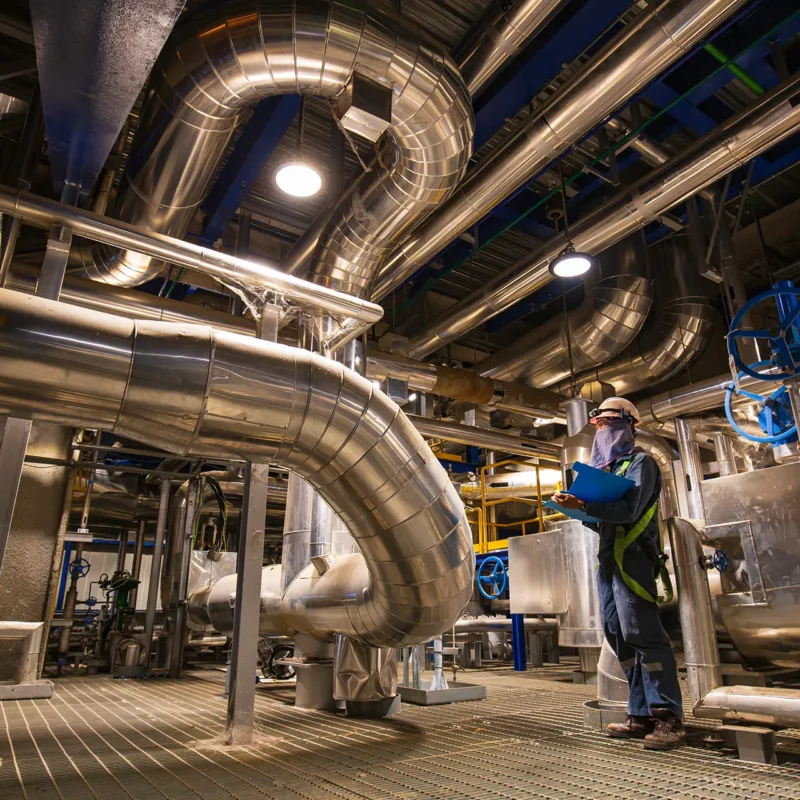 Pompa di calore industriale installata in impianto produttivo con tecnico specializzato, simbolo di come funzionano le pompe di calore industriali.