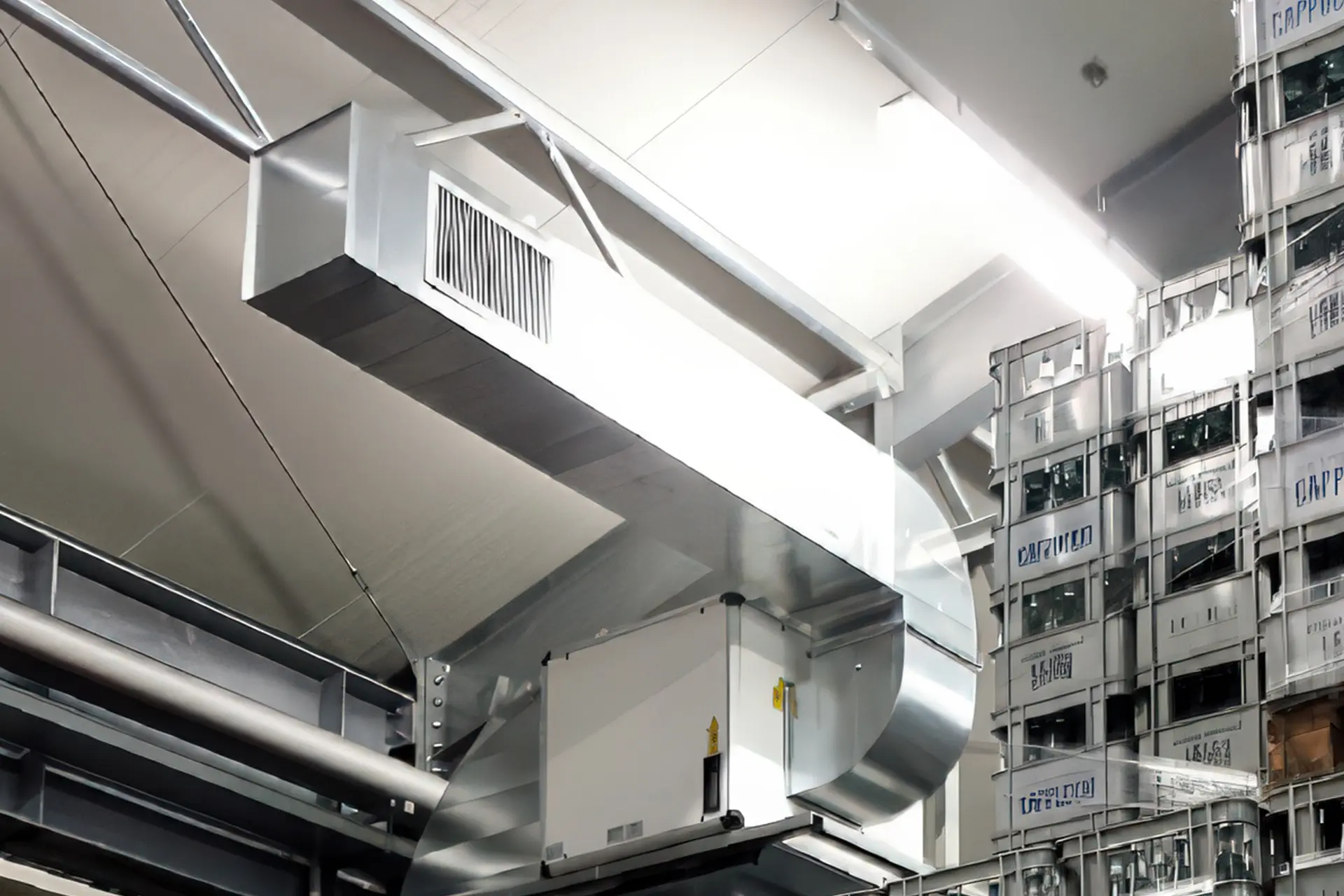 Impianto di deumidificazione e trattamento aria installato in un capannone industriale per il controllo dell’umidità.